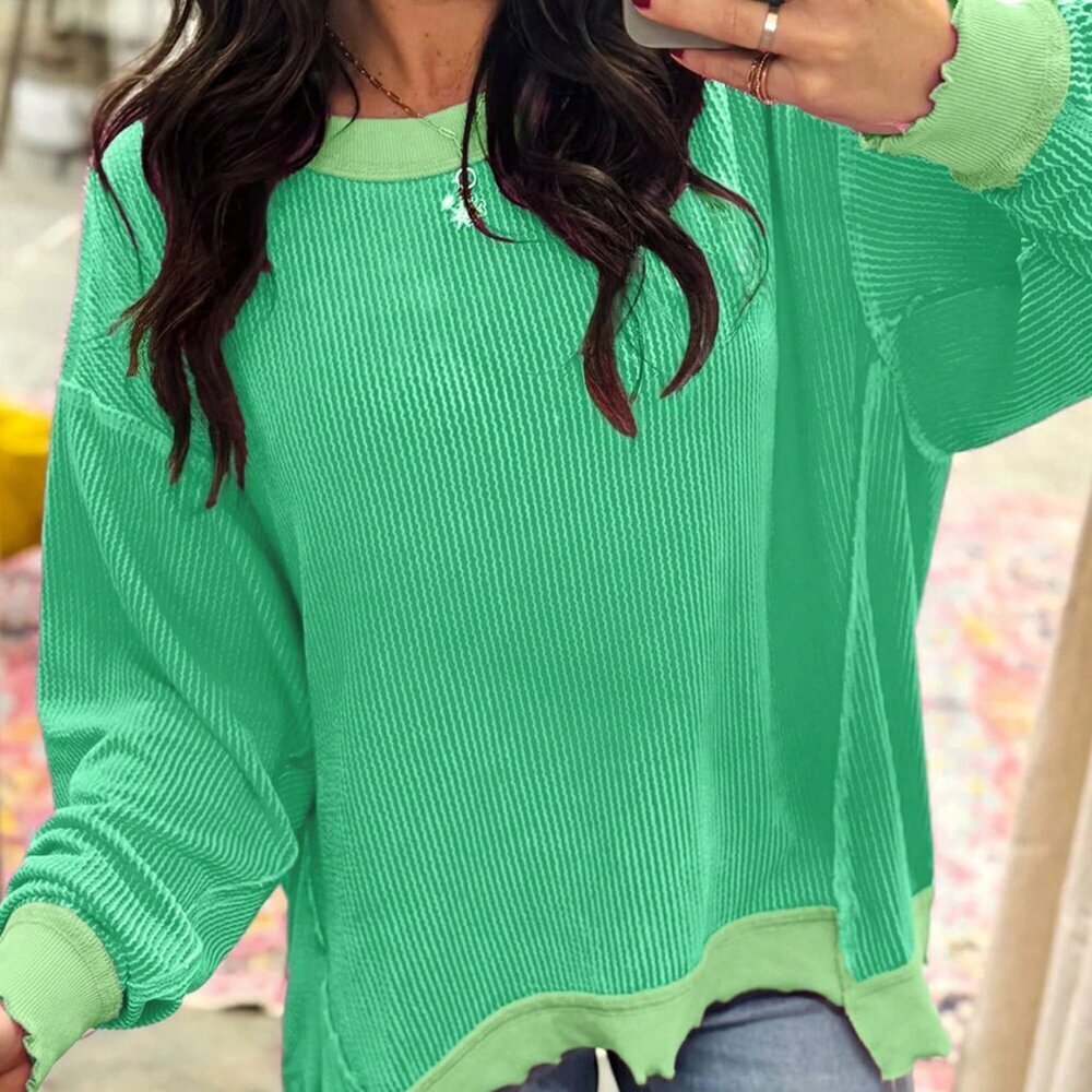 Green Casual Women's Textured Striped Cuffed Long Sleeve Loose Crew Neck T-Shirt